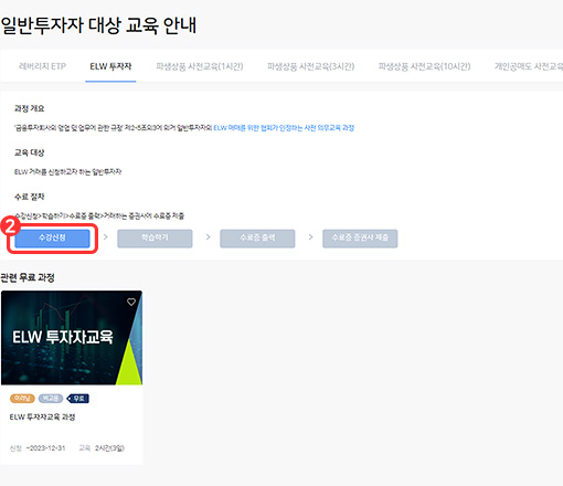 금융투자교육원 홈페이지에서 회원가입 후 ELW 투자자교육 온라인과정 수강신청 화면을 표시한 이미지입니다.