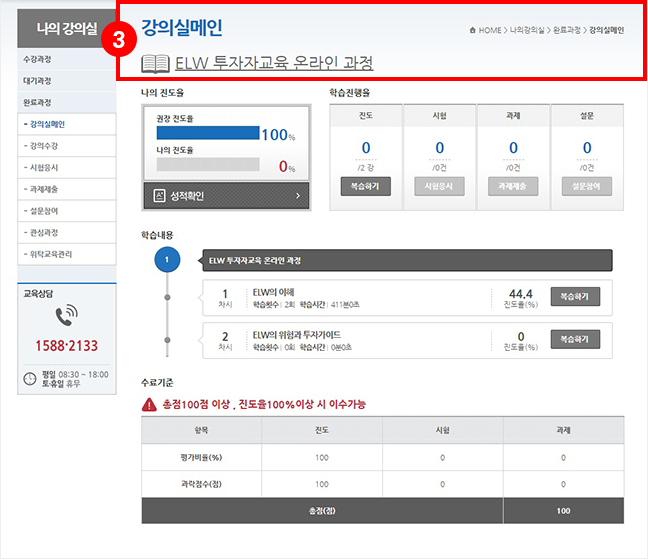 ELW 투자자교육센터의 강의실메인 화면 이미지입니다.